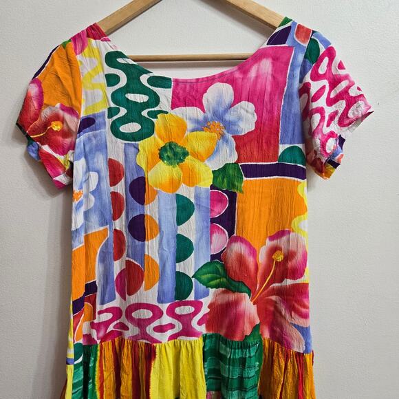 Jams World Vtg 90s Boho Maximalist Dopamine Hawaiian Floral Hattie Tier Dress S - Picture 6 of 8